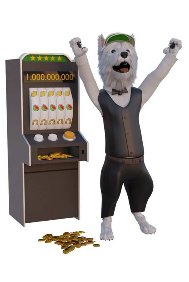 SmartphoneGambler dog mascot winning on a slot machine