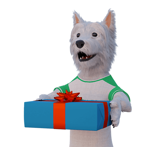 SmartphoneGambler dog mascot with a gift