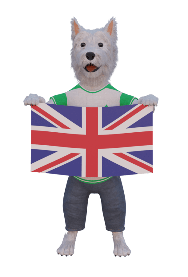 SmartphoneGambler dog mascot with a flag