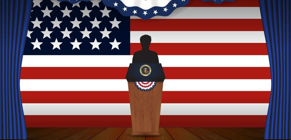 Presidential election banner background. President podium with unknown person on stage and United state of America. Vector illustration.